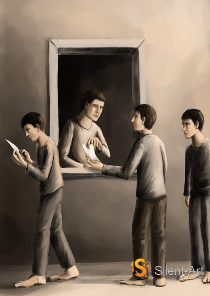 Silent-Art – figuratives digitales Gemälde von Jörg Hornisch: Die geteilte Übergabe