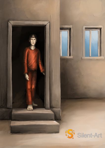 Silent-Art – digitale surreale Malerei von Jörg Hornisch: Figur an einer Schwelle im roten Gewand