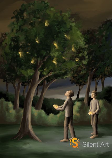 Lichtfrüchte in der Dämmerung unter einem Baum, zwei Figuren halten leuchtende Früchte in den Händen
