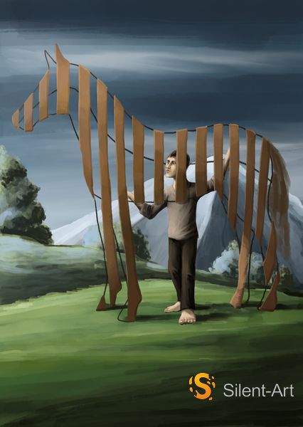 Silent-Art 9 Übergroßes hölzernes Pferd mit einem barfüßigen Mann zwischen offenen Lamellen in einer Berglandschaft