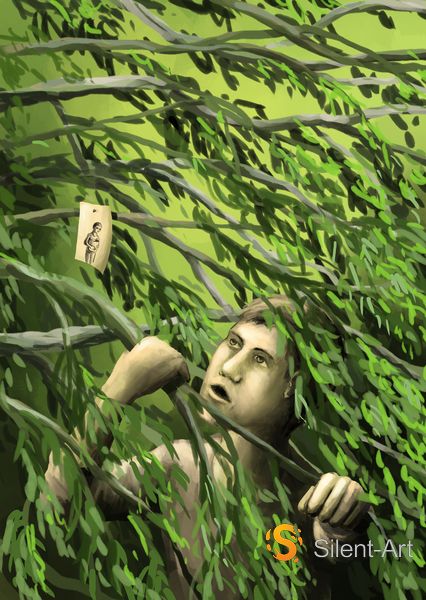 Silent-Art 8 Mann zwischen dichtem grünem Geäst, Blättern und Zweigen unter einem hellen Anhänger mit schwarzer Zeichnung