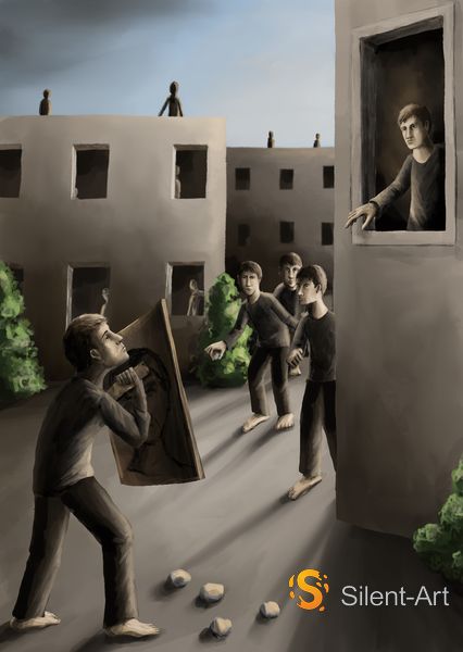 Silent-Art 5 Junger Mann mit hölzernem Schild gegenüber drei Barfüßigen, dazwischen Steine auf einem grauen Hof
