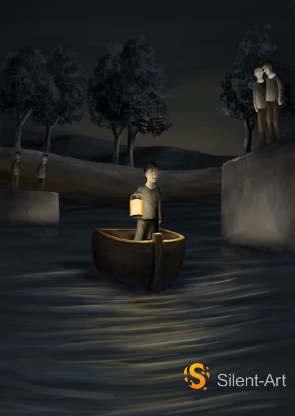 Silent-Art 4 Mann mit Laterne in einem hölzernen Boot bei Nacht, an beiden Ufern stehen dunkle Figuren
