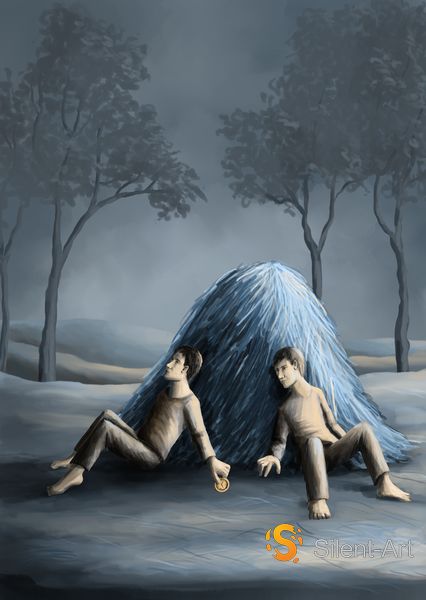 Silent-Art 3 Zwei barfüßige Männer an einem blauen Heuhaufen, einer hält eine goldene Uhr über dem Boden